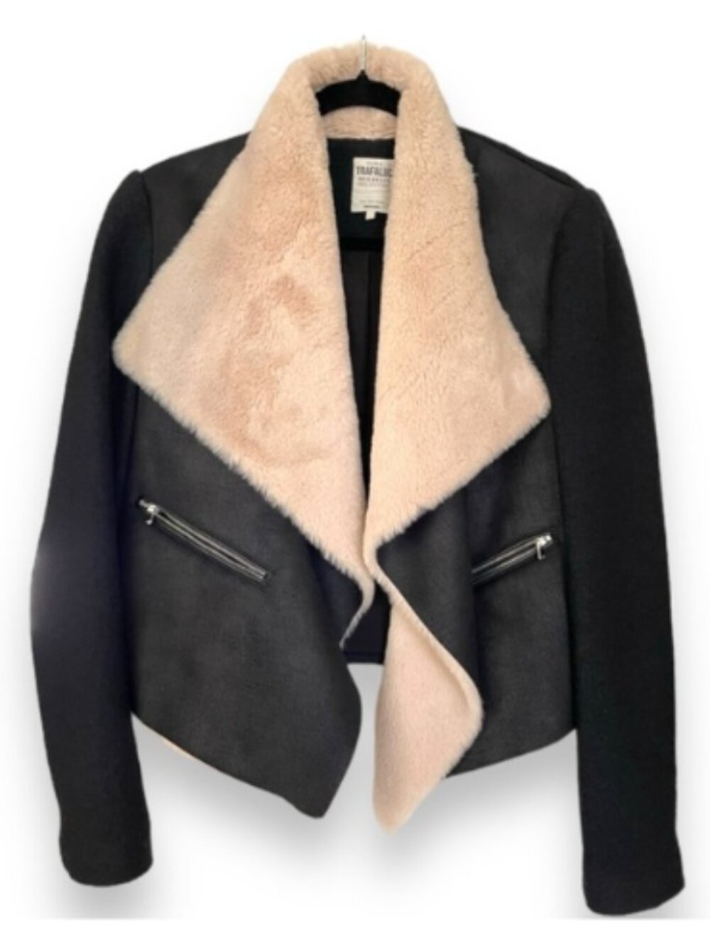 Zara Trafaluc Black Sheepskin & Faux Fur Shearling Motorcycle Jacket